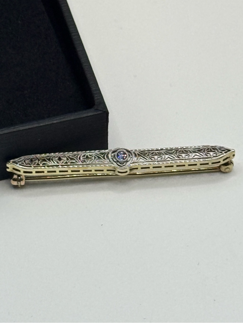 Vintage Platinum & 14k Gold Sapphire Art Deco Stick Pin Brooch - Picture 12 of 12